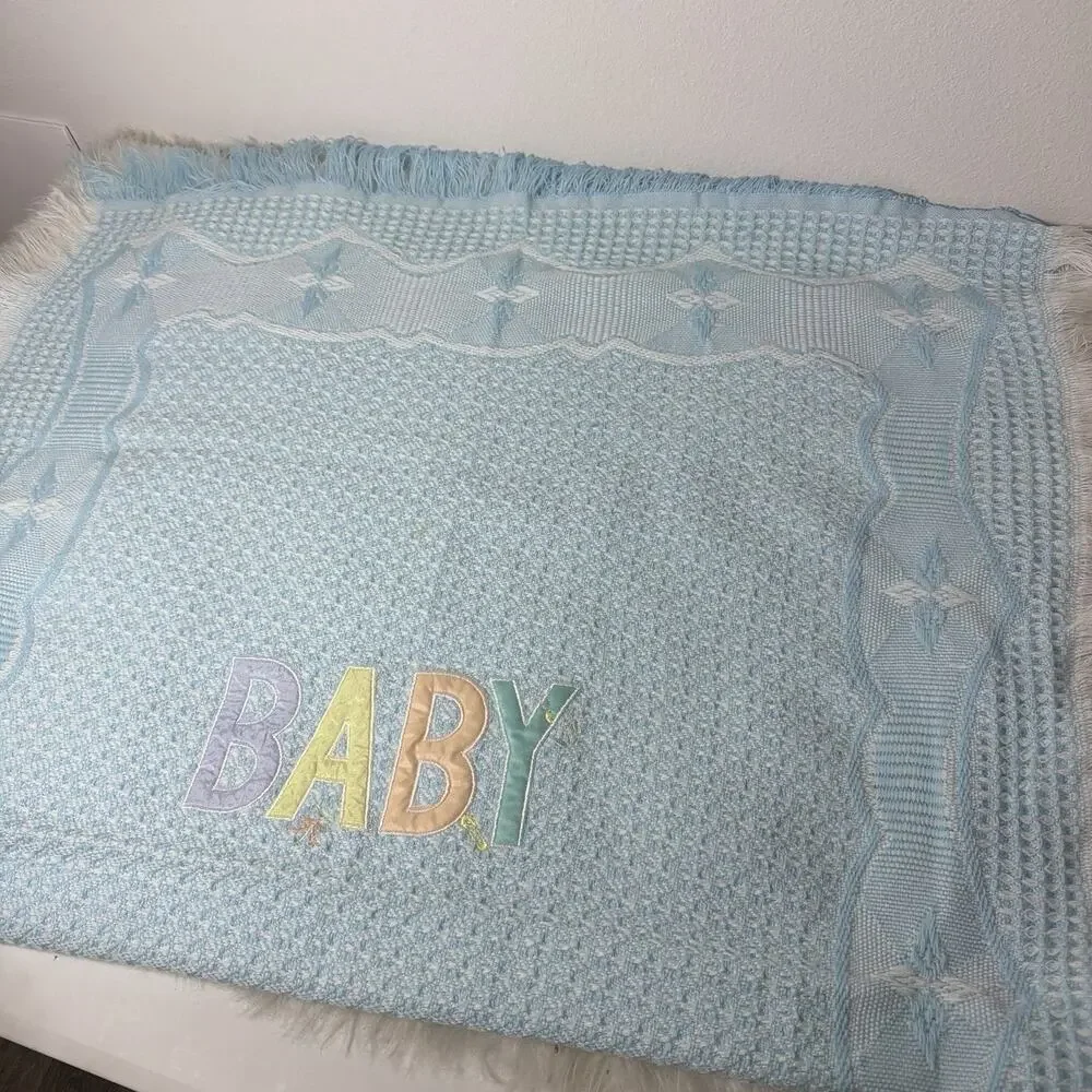 Bright Future BABY Patch Acrylic White Blanket Lovey Applique Pastel Fringe